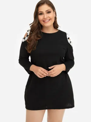 OEM ODM Round Neck Cold Shoulder Plain Cut Out Long Sleeve Black Plus Size Dress