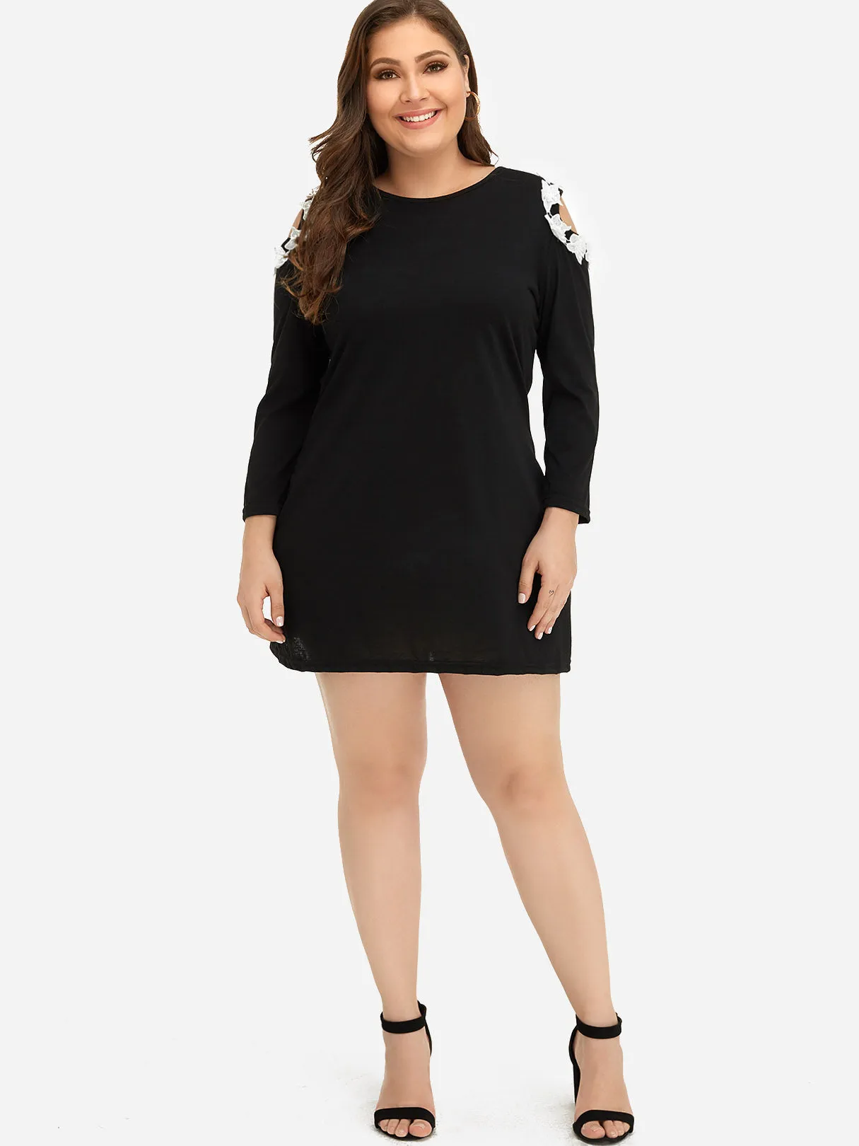 OEM ODM Round Neck Cold Shoulder Plain Cut Out Long Sleeve Black Plus Size Dress