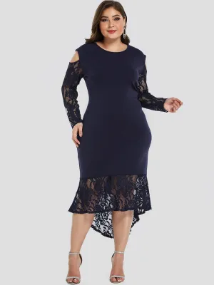 OEM ODM Round Neck Cold Shoulder Plain Lace Long Sleeve High-Low Hem Plus Size Dress