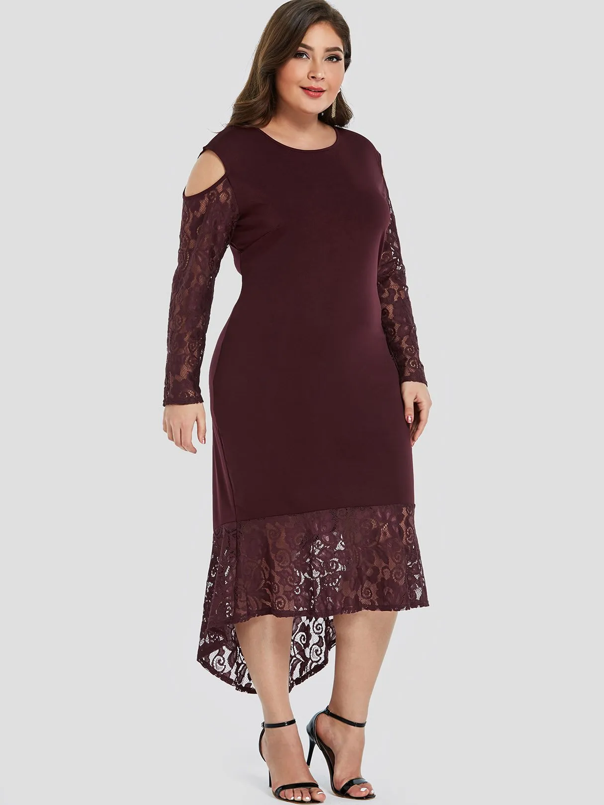 OEM ODM Round Neck Cold Shoulder Plain Lace Long Sleeve High-Low Hem Plus Size Dress