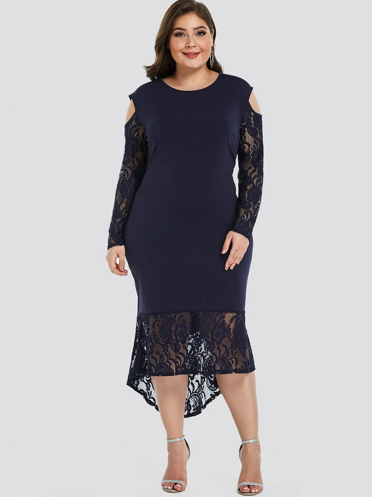 OEM ODM Round Neck Cold Shoulder Plain Lace Long Sleeve High-Low Hem Plus Size Dress