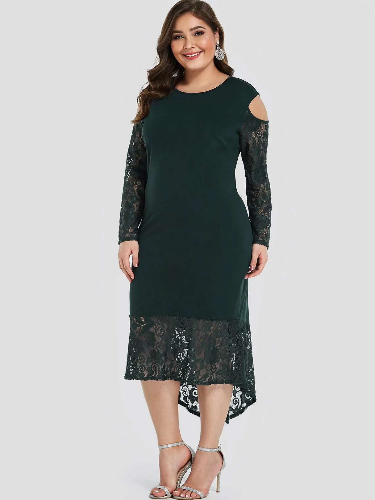 OEM ODM Round Neck Cold Shoulder Plain Lace Long Sleeve High-Low Hem Plus Size Dress