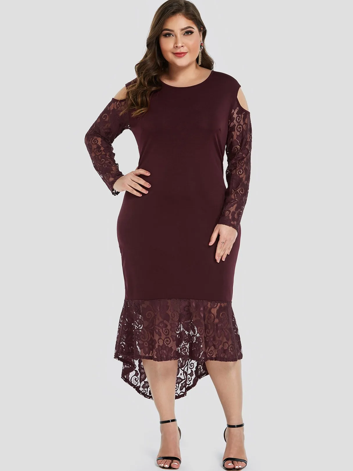 OEM ODM Round Neck Cold Shoulder Plain Lace Long Sleeve High-Low Hem Plus Size Dress