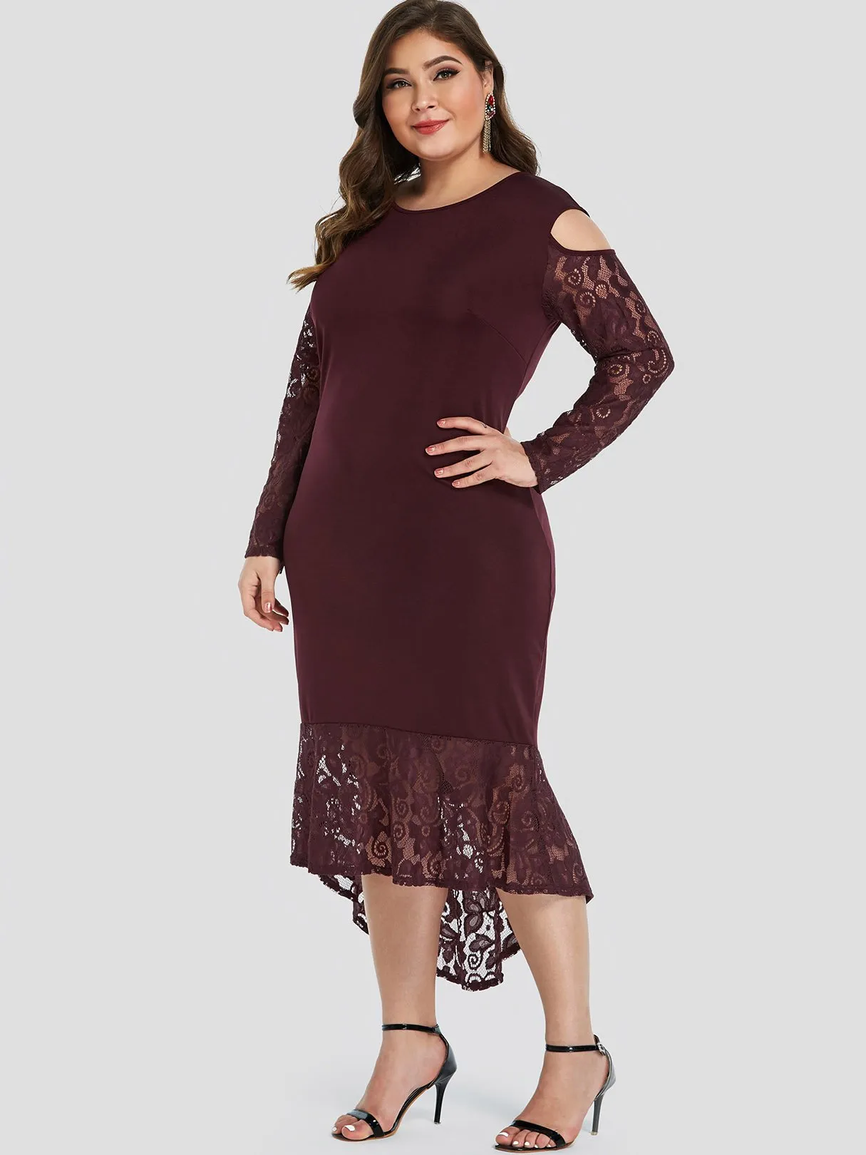 OEM ODM Round Neck Cold Shoulder Plain Lace Long Sleeve High-Low Hem Plus Size Dress