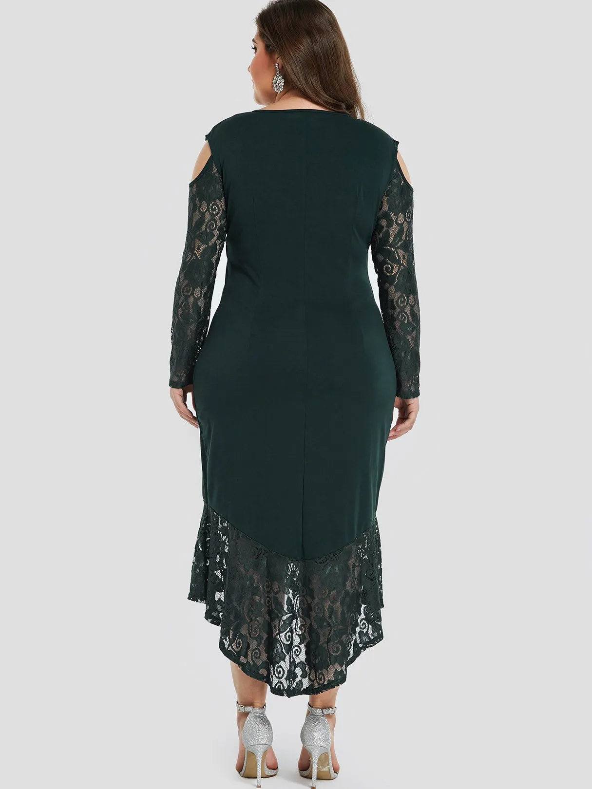 OEM ODM Round Neck Cold Shoulder Plain Lace Long Sleeve High-Low Hem Plus Size Dress