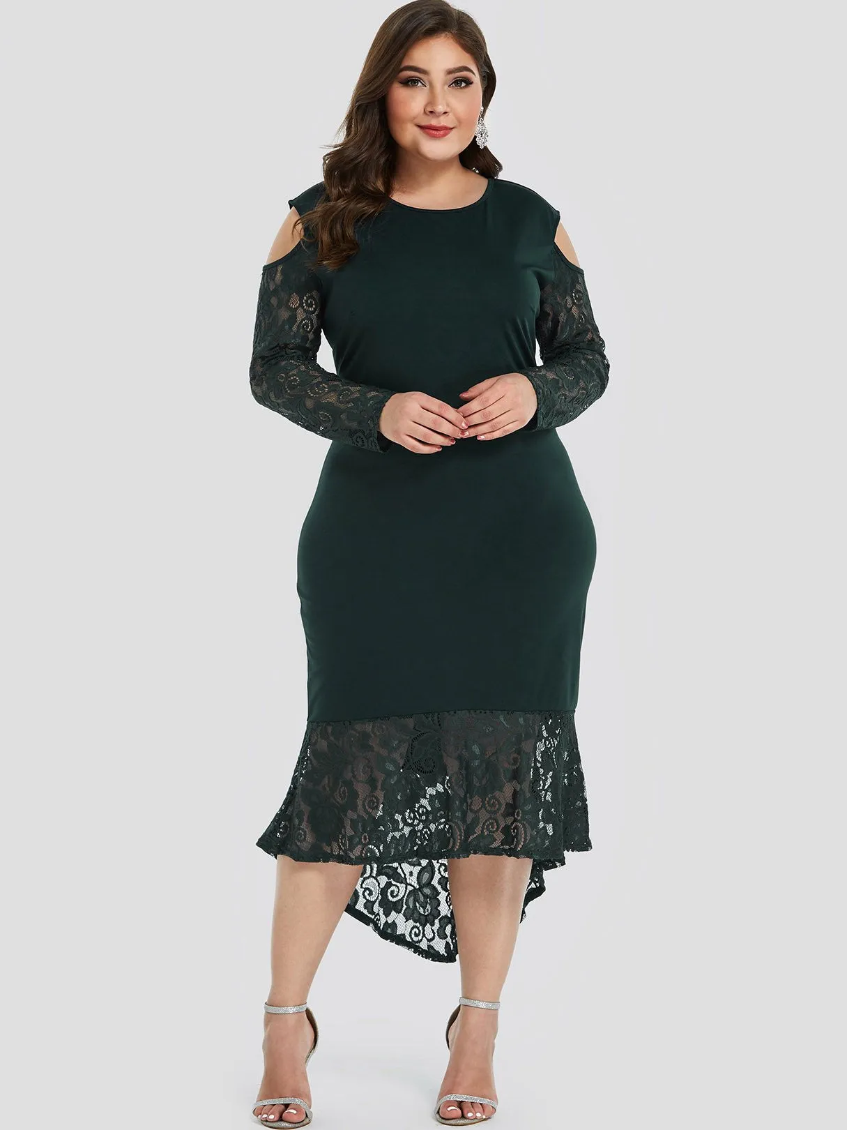 OEM ODM Round Neck Cold Shoulder Plain Lace Long Sleeve High-Low Hem Plus Size Dress