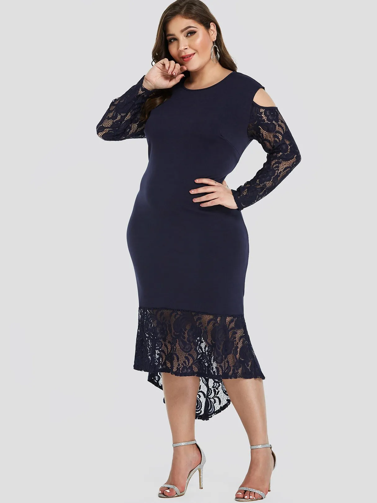 OEM ODM Round Neck Cold Shoulder Plain Lace Long Sleeve High-Low Hem Plus Size Dress