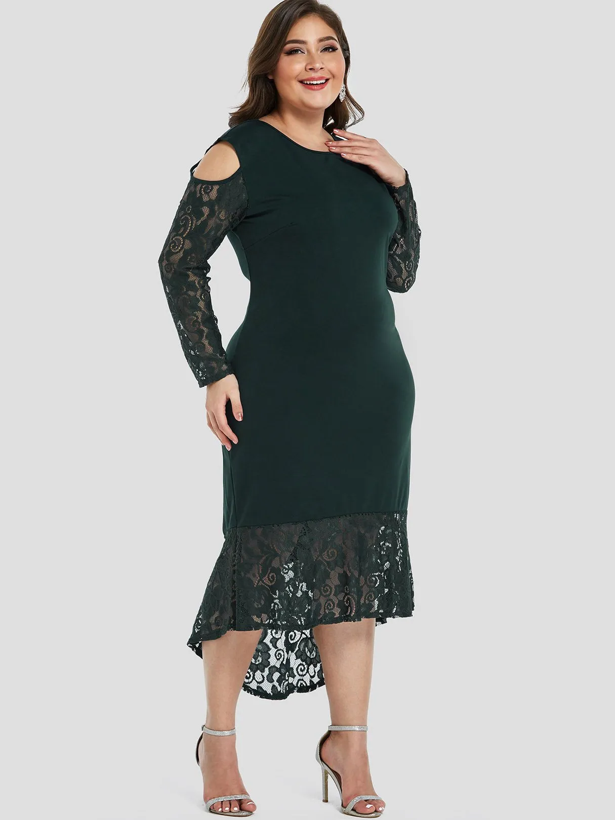 OEM ODM Round Neck Cold Shoulder Plain Lace Long Sleeve High-Low Hem Plus Size Dress