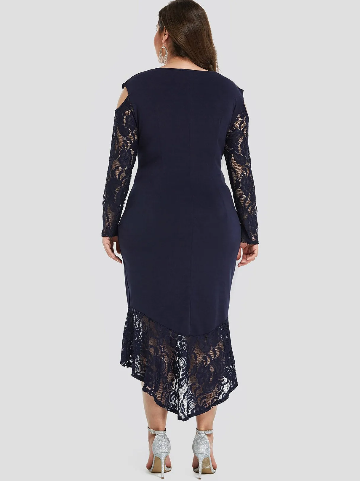 OEM ODM Round Neck Cold Shoulder Plain Lace Long Sleeve High-Low Hem Plus Size Dress