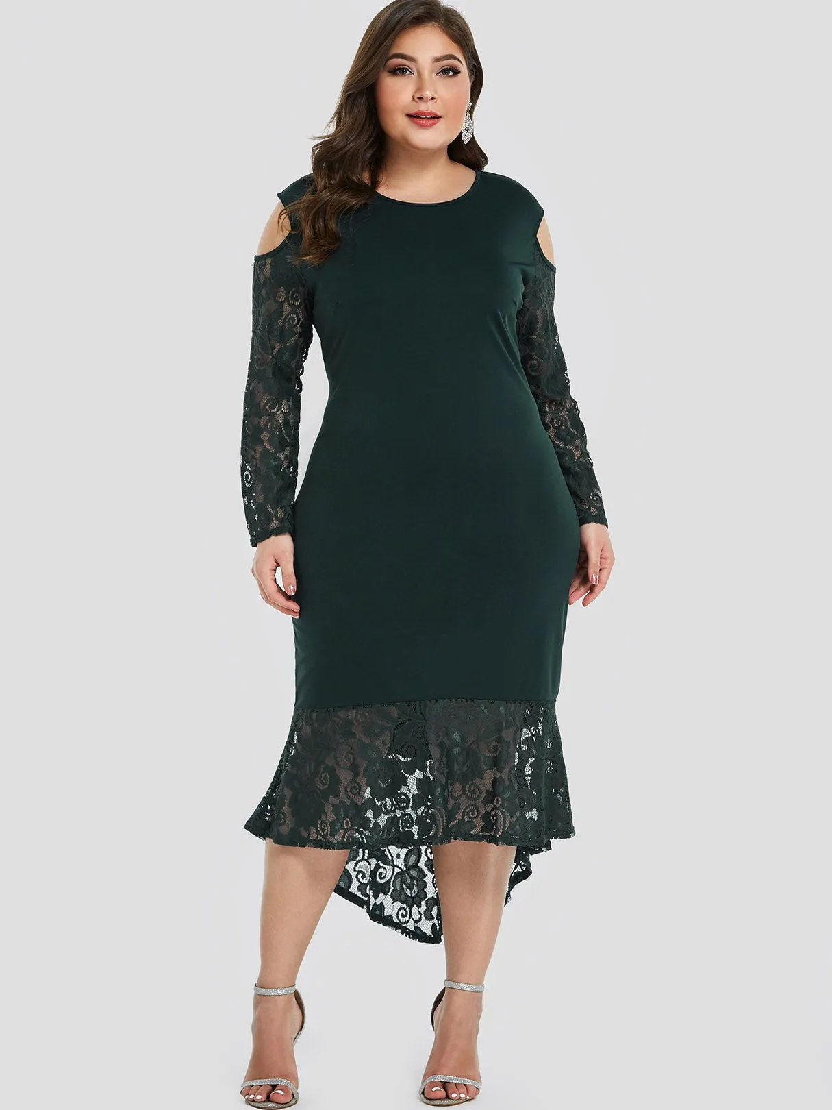 OEM ODM Round Neck Cold Shoulder Plain Lace Long Sleeve High-Low Hem Plus Size Dress