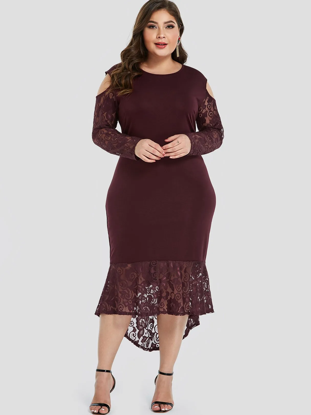 OEM ODM Round Neck Cold Shoulder Plain Lace Long Sleeve High-Low Hem Plus Size Dress