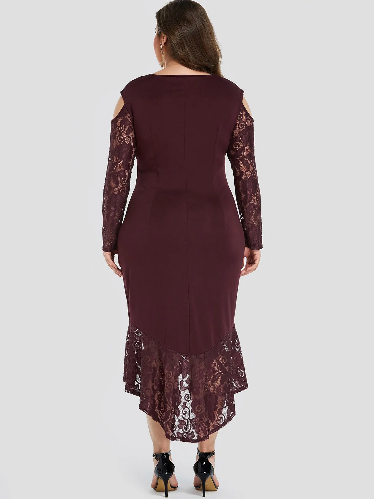 OEM ODM Round Neck Cold Shoulder Plain Lace Long Sleeve High-Low Hem Plus Size Dress