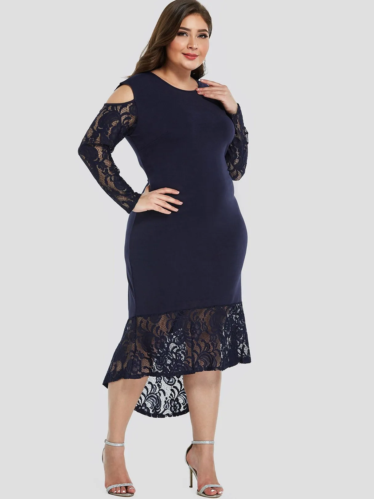 OEM ODM Round Neck Cold Shoulder Plain Lace Long Sleeve High-Low Hem Plus Size Dress