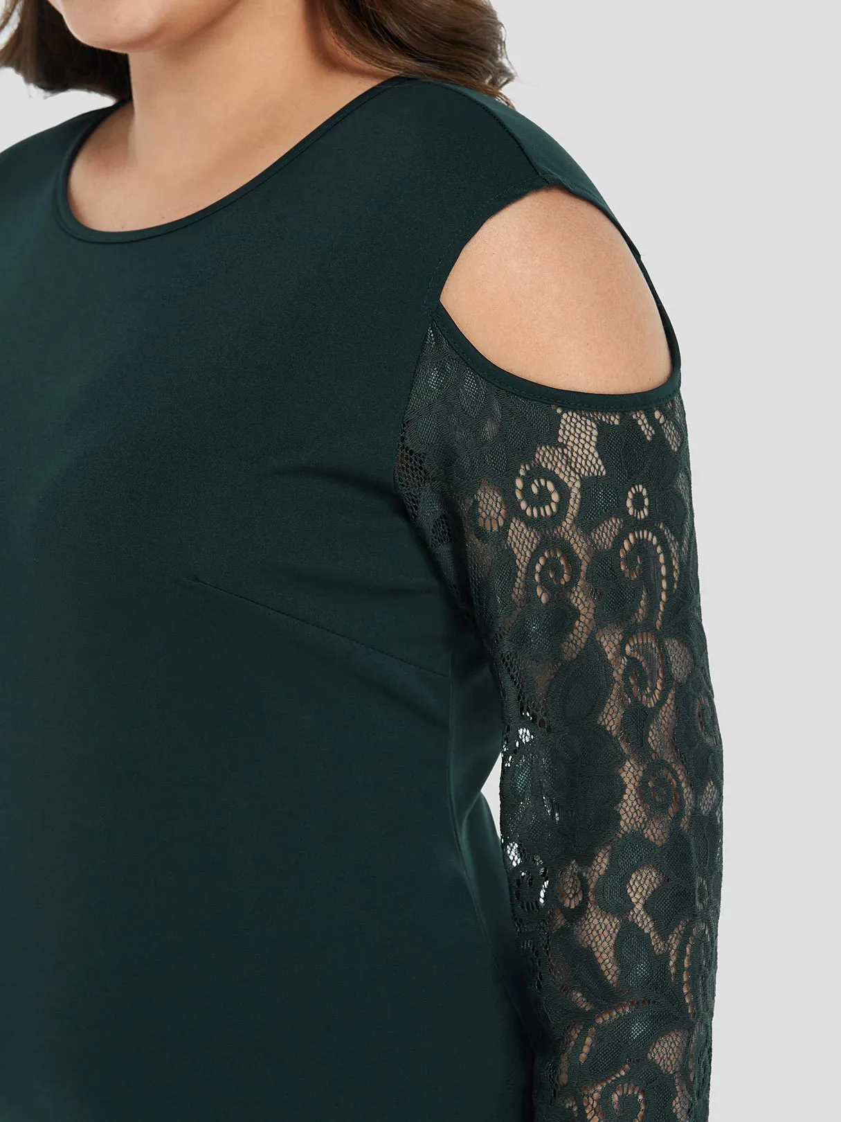 OEM ODM Round Neck Cold Shoulder Plain Lace Long Sleeve High-Low Hem Plus Size Dress