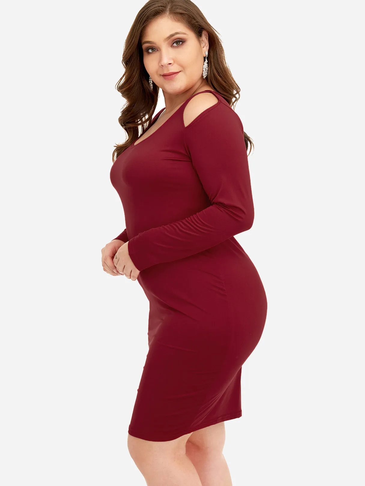 OEM ODM Round Neck Cold Shoulder Plain Long Sleeve Bodycon Plus Size Dresses