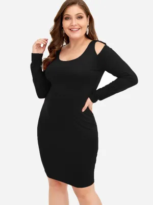 OEM ODM Round Neck Cold Shoulder Plain Long Sleeve Bodycon Plus Size Dresses