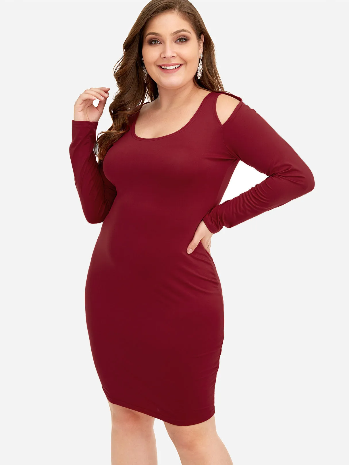 OEM ODM Round Neck Cold Shoulder Plain Long Sleeve Bodycon Plus Size Dresses
