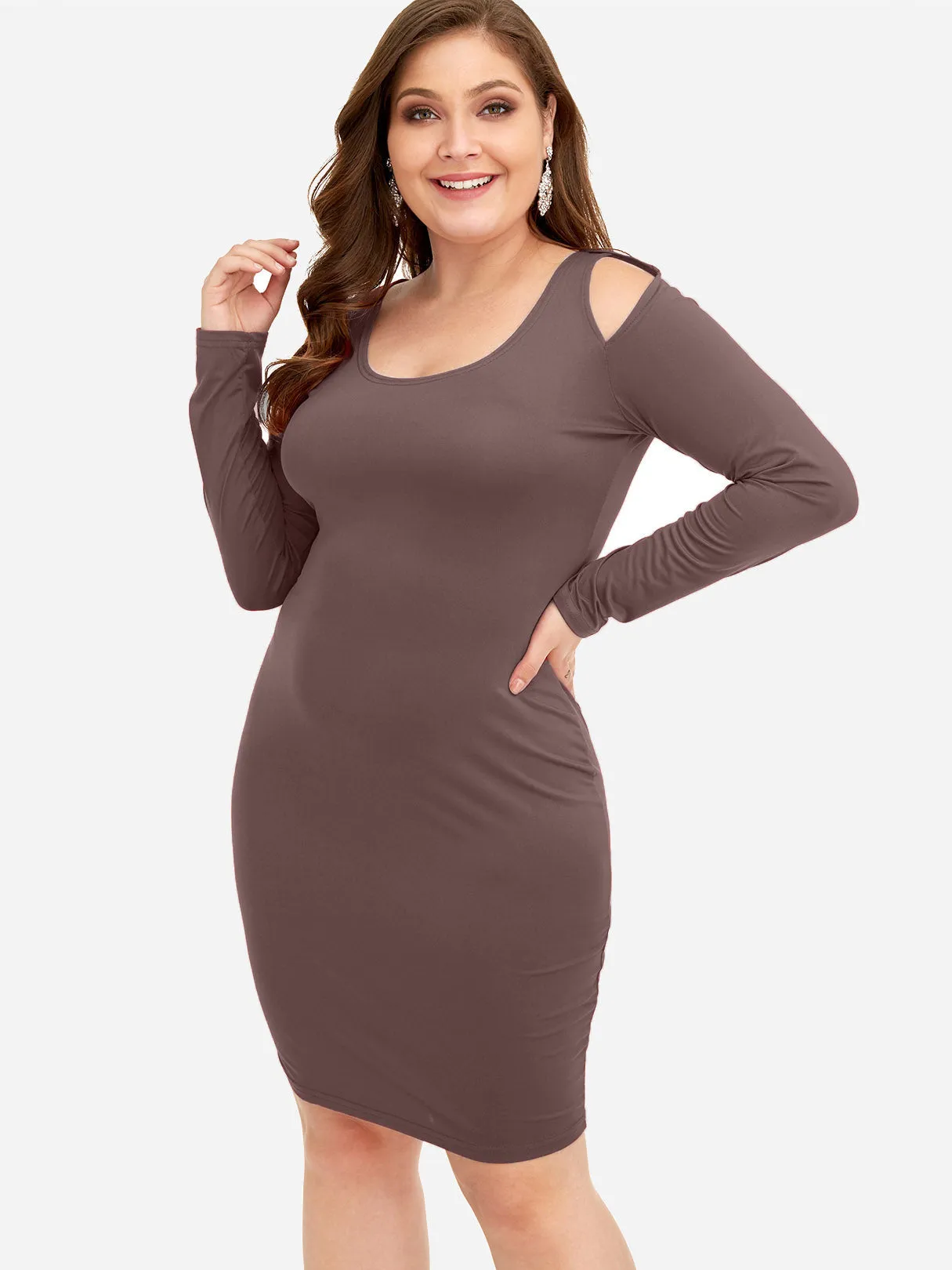 OEM ODM Round Neck Cold Shoulder Plain Long Sleeve Bodycon Plus Size Dresses