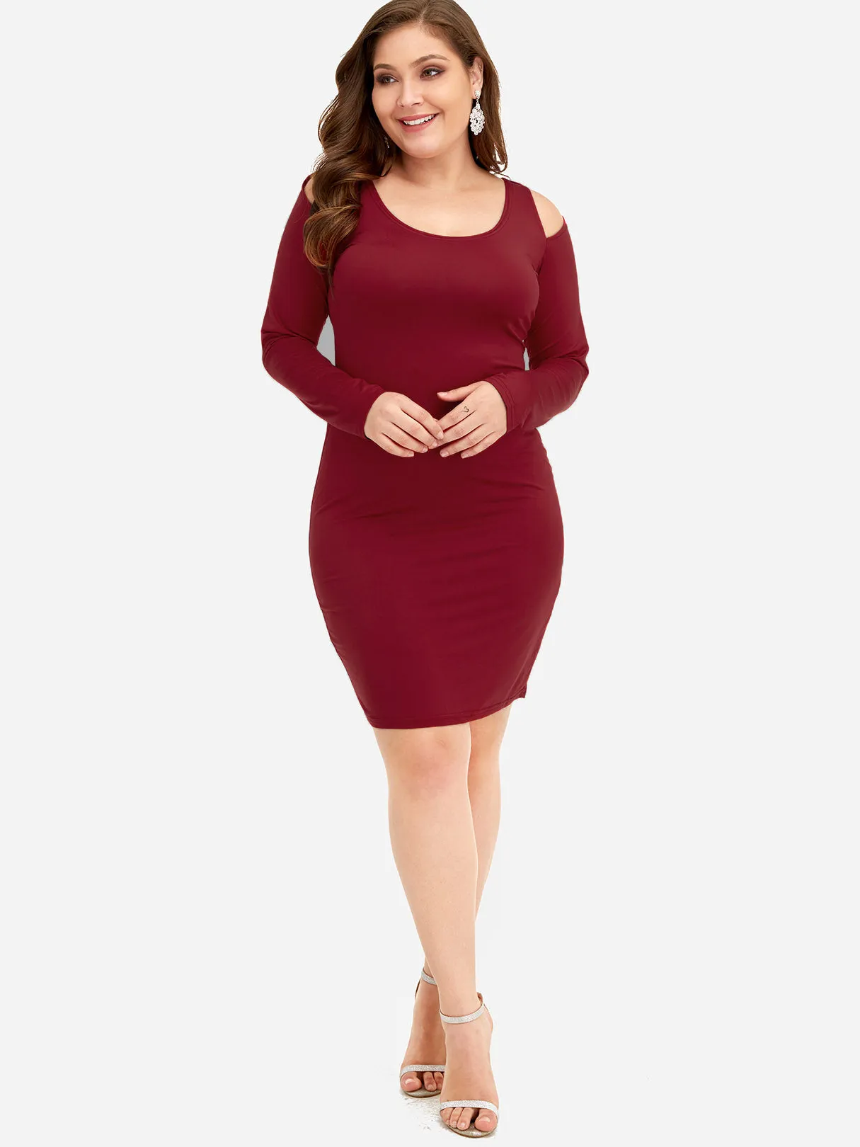 OEM ODM Round Neck Cold Shoulder Plain Long Sleeve Bodycon Plus Size Dresses