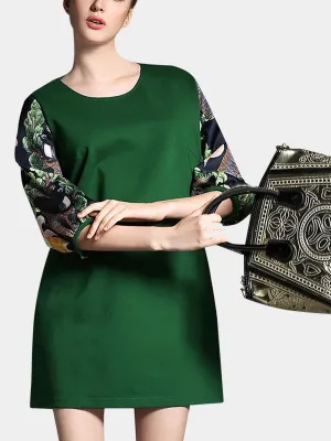 OEM ODM Round Neck Floral Print 3/4 Sleeve Green Plus Size Mini Dress