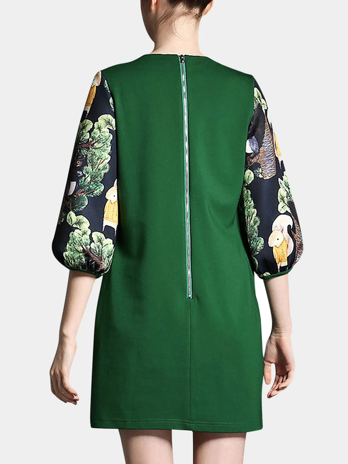 OEM ODM Round Neck Floral Print 3/4 Sleeve Green Plus Size Mini Dress