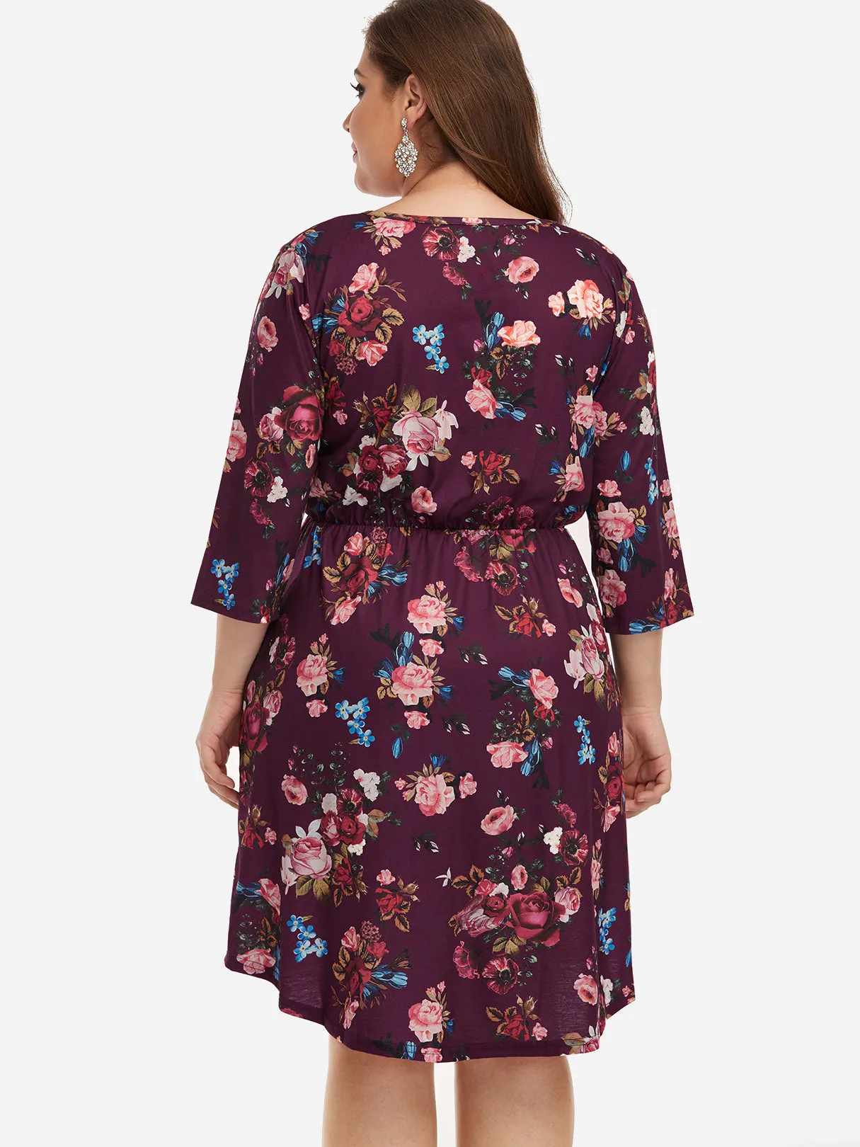 OEM ODM Round Neck Floral Print 3/4 Sleeve Plus Size Midi Dresses
