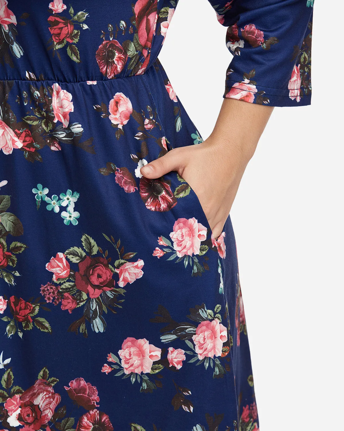 OEM ODM Round Neck Floral Print 3/4 Sleeve Plus Size Midi Dresses