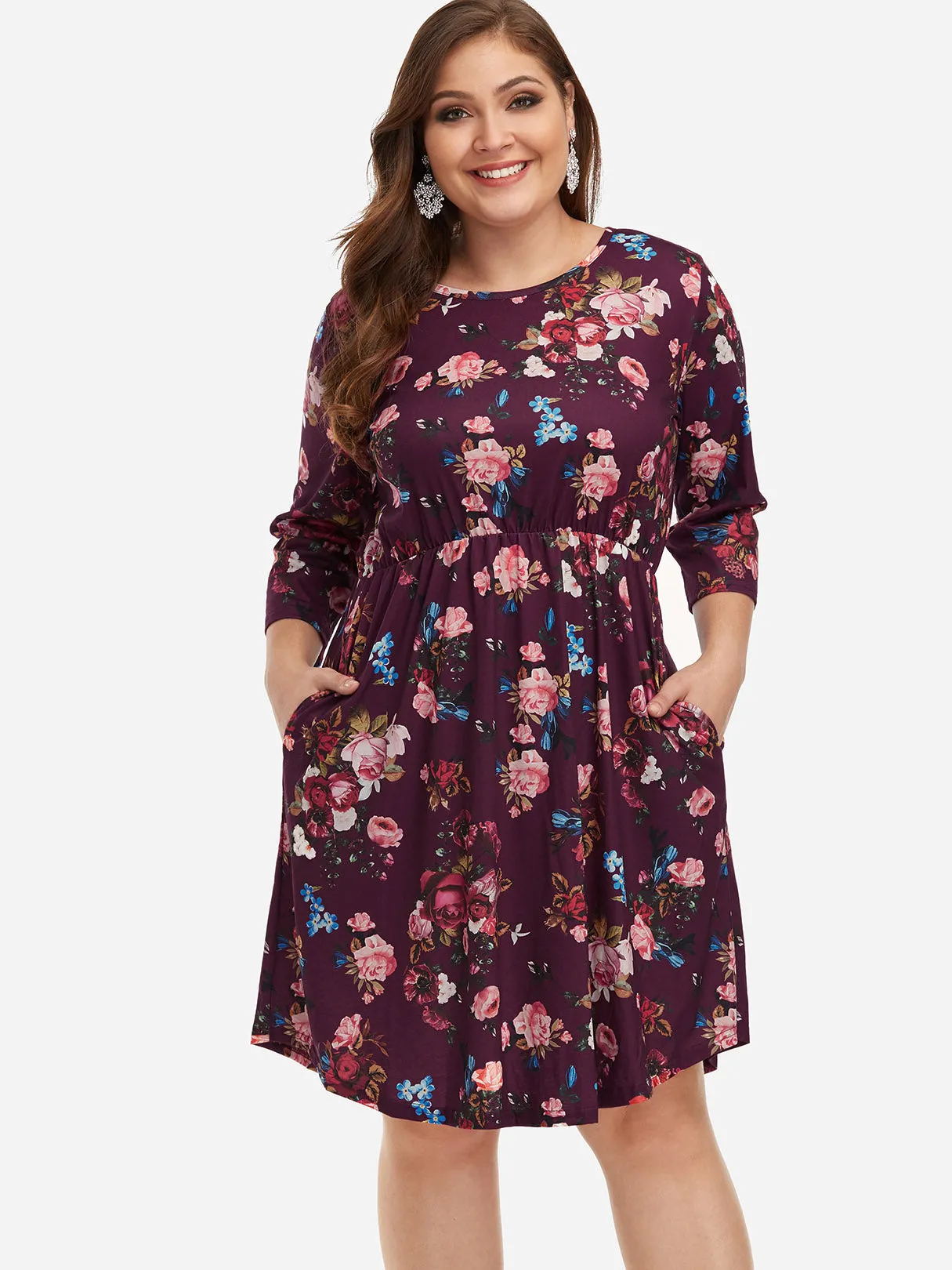 OEM ODM Round Neck Floral Print 3/4 Sleeve Plus Size Midi Dresses