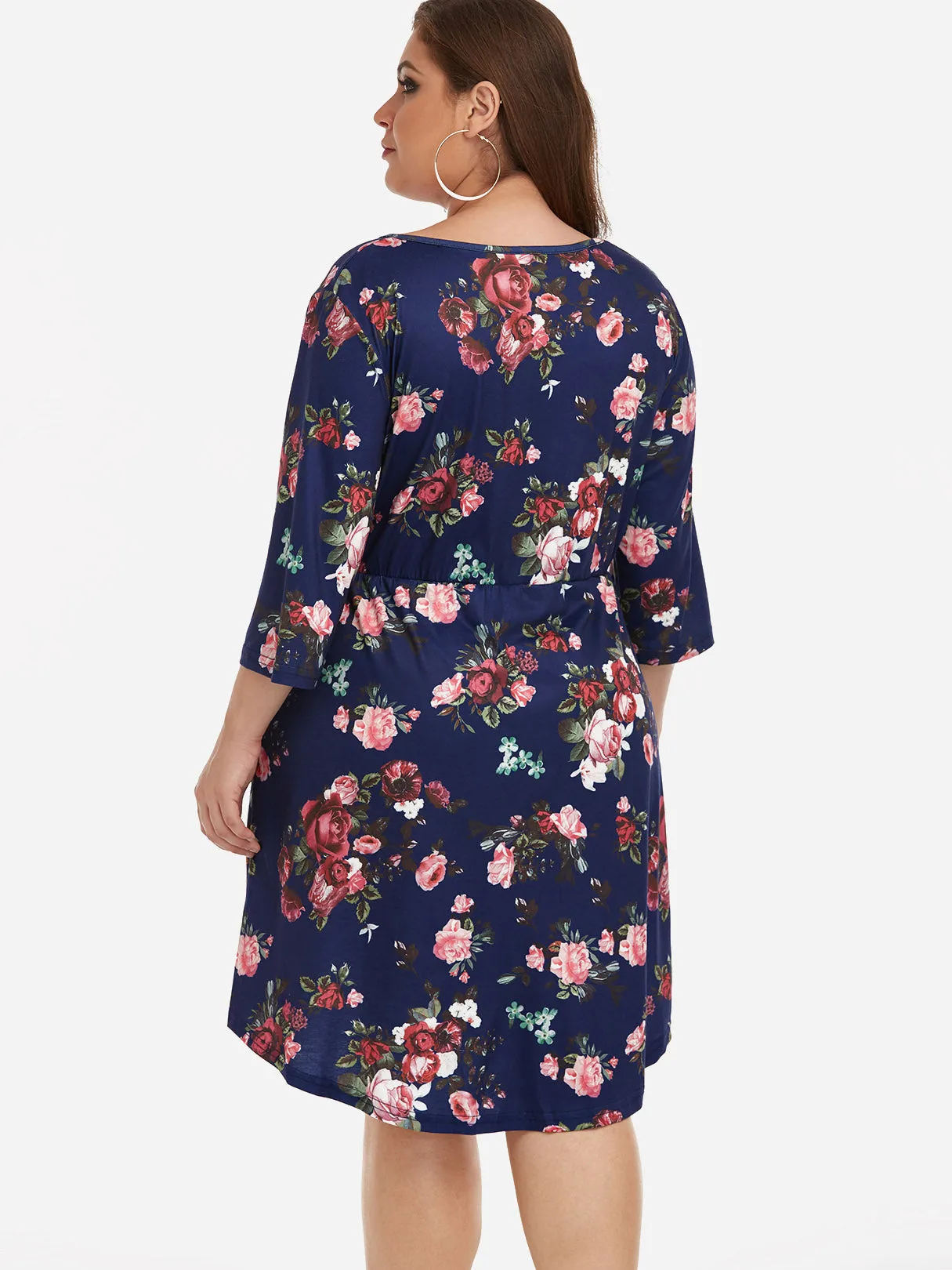 OEM ODM Round Neck Floral Print 3/4 Sleeve Plus Size Midi Dresses