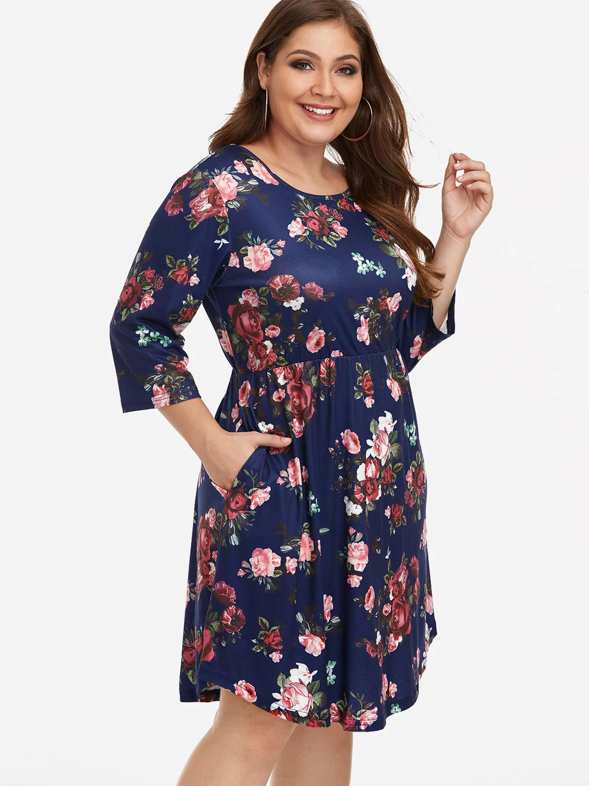 OEM ODM Round Neck Floral Print 3/4 Sleeve Plus Size Midi Dresses