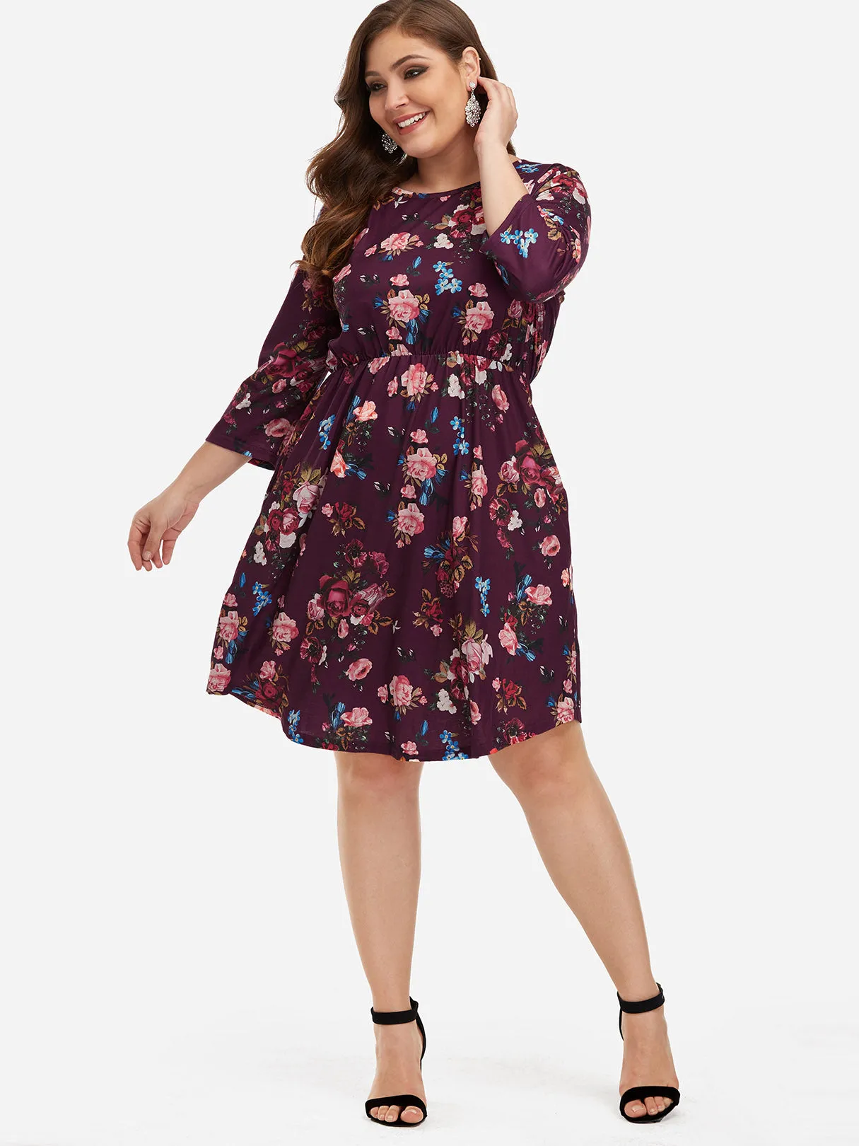 OEM ODM Round Neck Floral Print 3/4 Sleeve Plus Size Midi Dresses