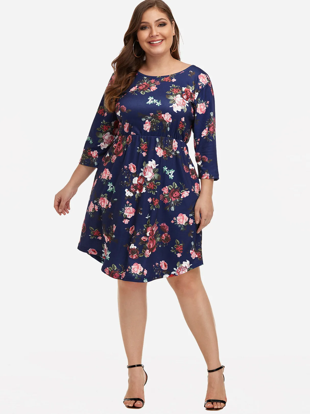 OEM ODM Round Neck Floral Print 3/4 Sleeve Plus Size Midi Dresses