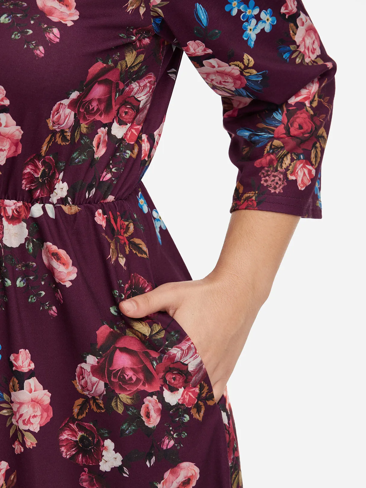 OEM ODM Round Neck Floral Print 3/4 Sleeve Plus Size Midi Dresses