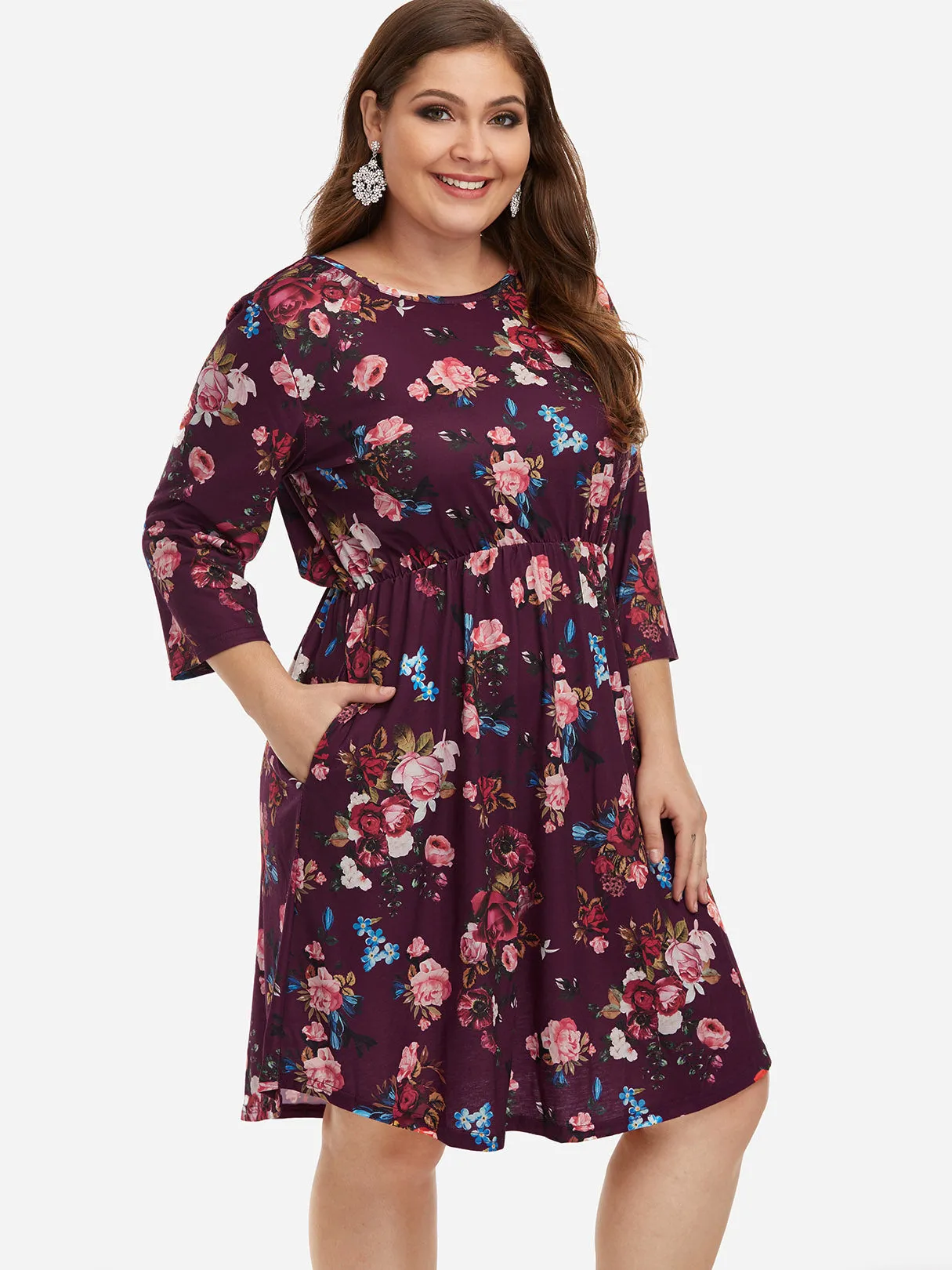 OEM ODM Round Neck Floral Print 3/4 Sleeve Plus Size Midi Dresses