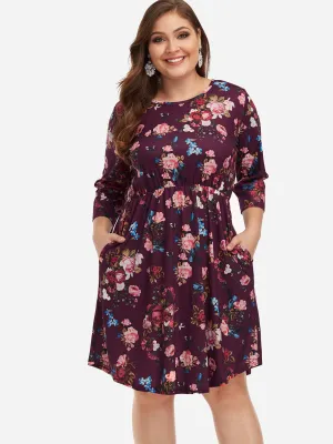 OEM ODM Round Neck Floral Print 3/4 Sleeve Plus Size Midi Dresses
