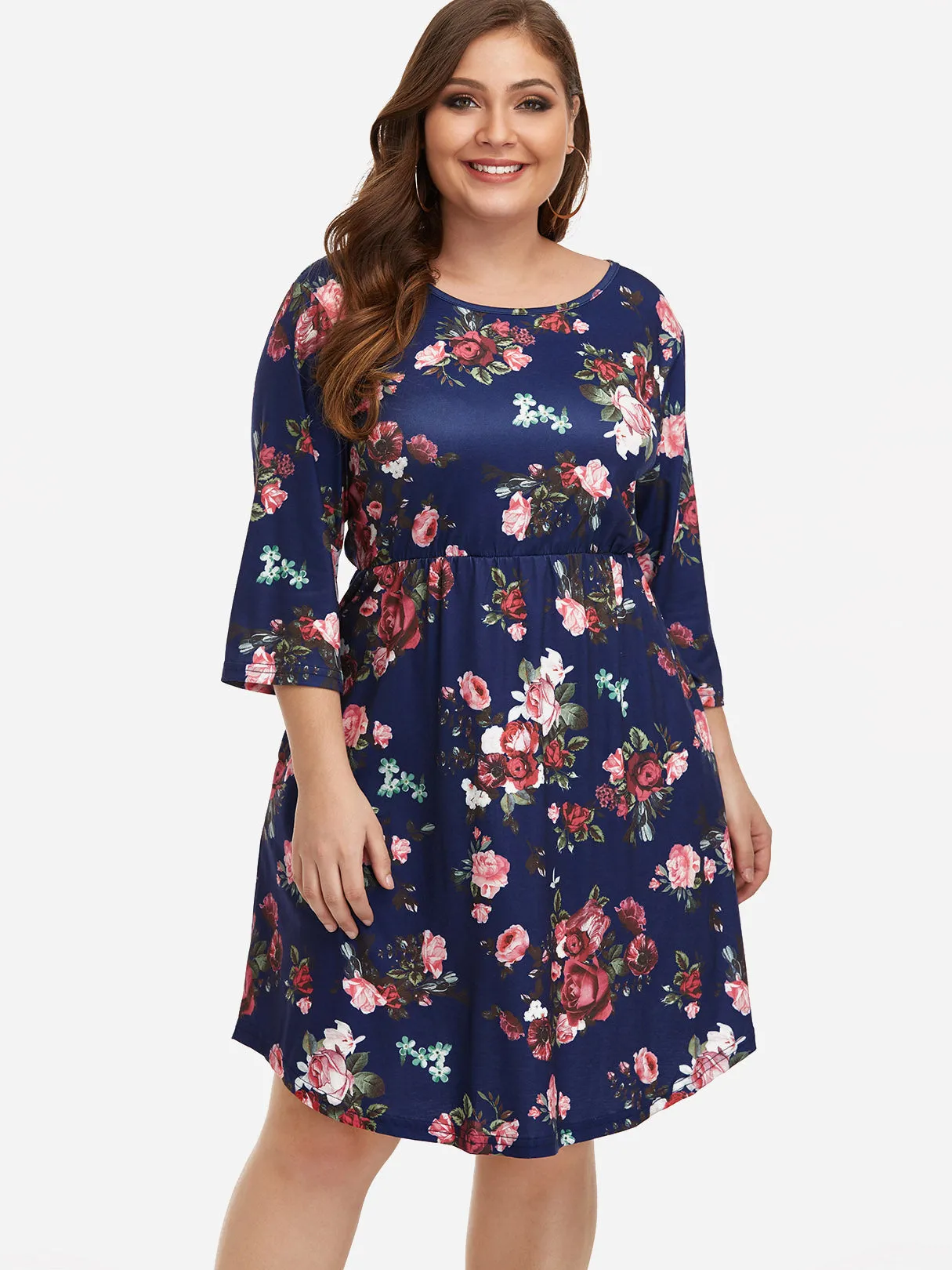 OEM ODM Round Neck Floral Print 3/4 Sleeve Plus Size Midi Dresses