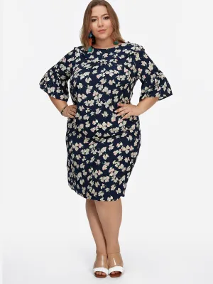 OEM ODM Round Neck Floral Print Calico Half Sleeve Navy Plus Size Dresses