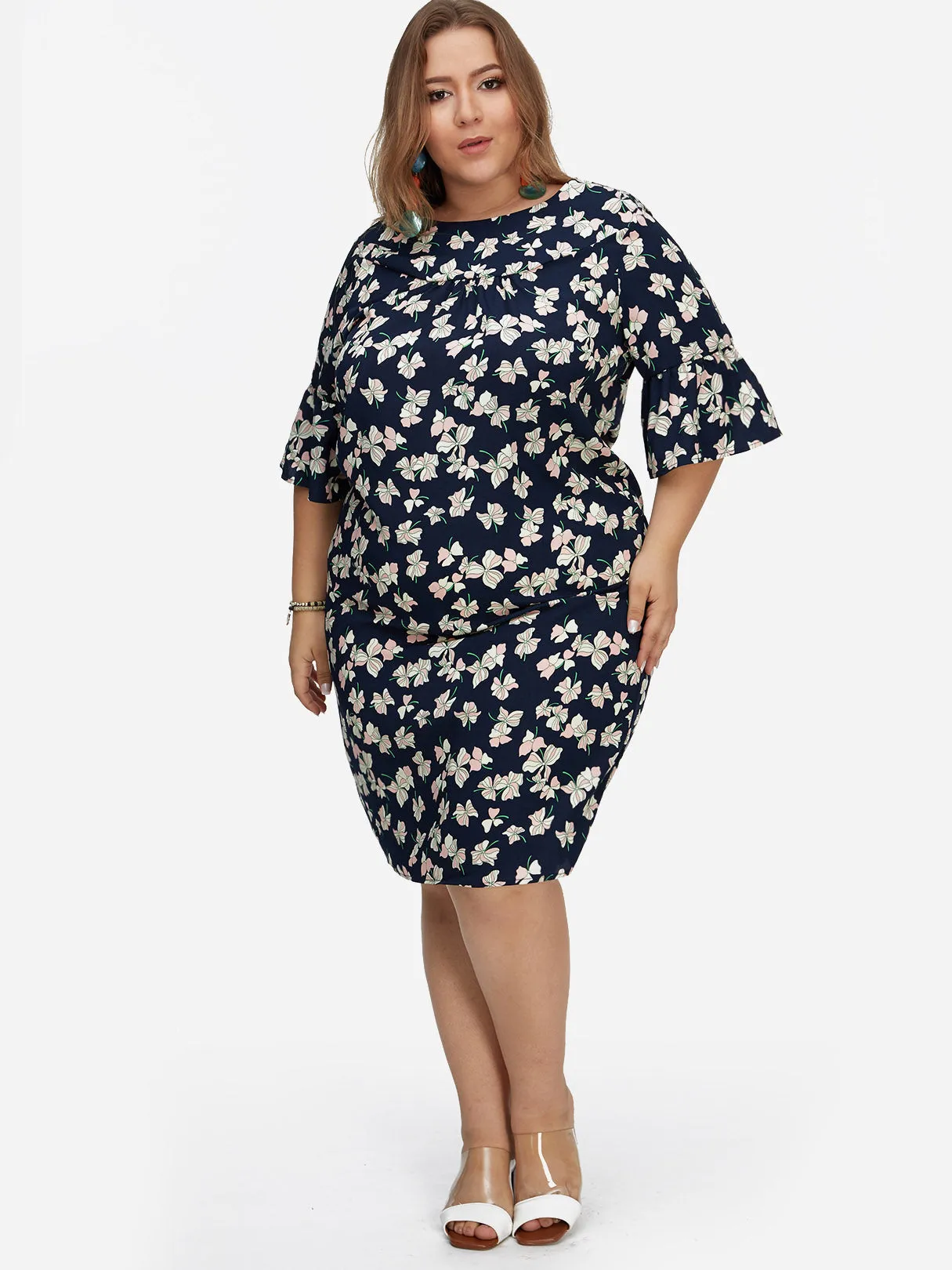 OEM ODM Round Neck Floral Print Calico Half Sleeve Navy Plus Size Dresses