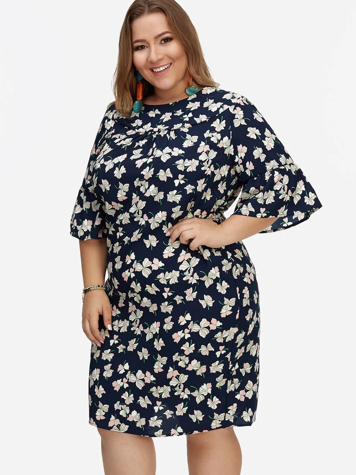 OEM ODM Round Neck Floral Print Calico Half Sleeve Navy Plus Size Dresses