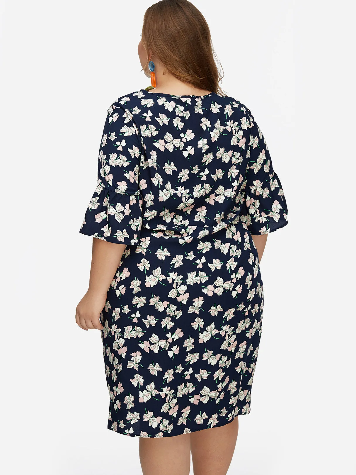 OEM ODM Round Neck Floral Print Calico Half Sleeve Navy Plus Size Dresses