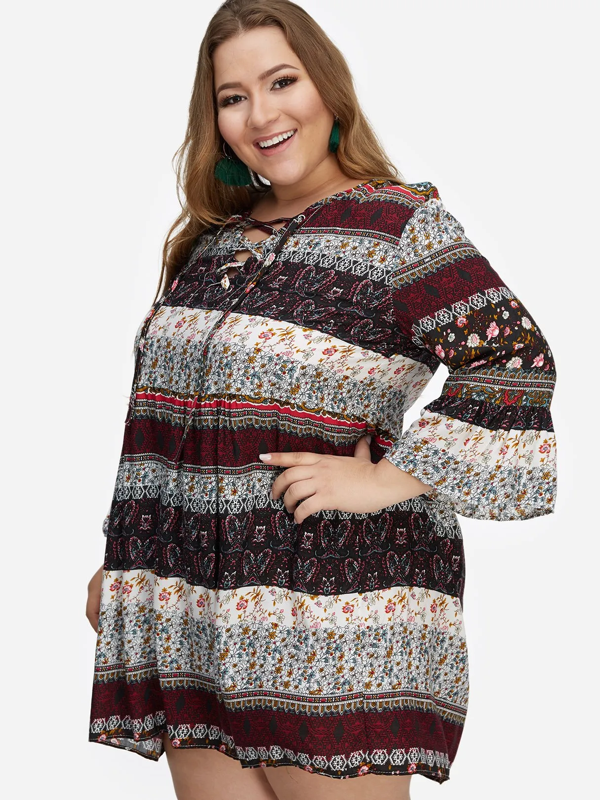OEM ODM Round Neck Floral Print Calico Hollow Lace-Up Pleated Criss-Cross Long Sleeve Flounced Hem Plus Size Mini Dress