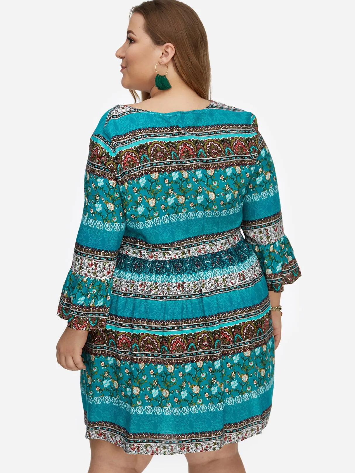 OEM ODM Round Neck Floral Print Calico Hollow Lace-Up Pleated Criss-Cross Long Sleeve Flounced Hem Plus Size Mini Dress