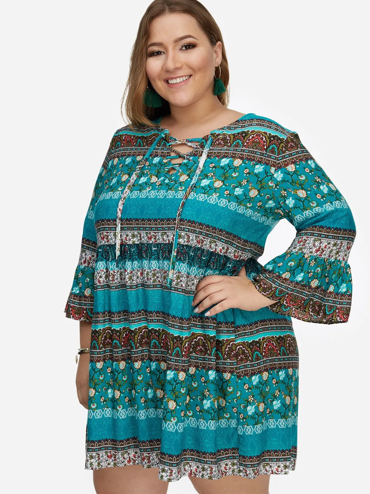 OEM ODM Round Neck Floral Print Calico Hollow Lace-Up Pleated Criss-Cross Long Sleeve Flounced Hem Plus Size Mini Dress