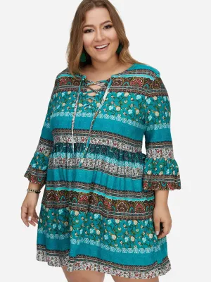 OEM ODM Round Neck Floral Print Calico Hollow Lace-Up Pleated Criss-Cross Long Sleeve Flounced Hem Plus Size Mini Dress