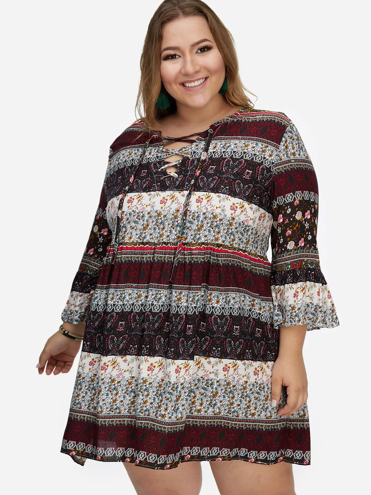 OEM ODM Round Neck Floral Print Calico Hollow Lace-Up Pleated Criss-Cross Long Sleeve Flounced Hem Plus Size Mini Dress