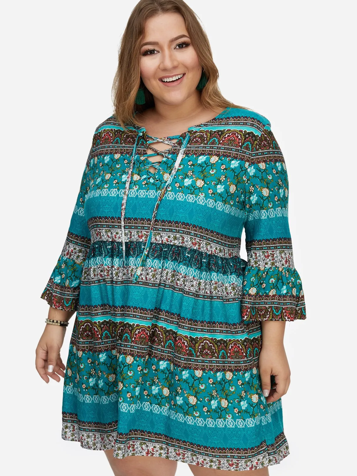 OEM ODM Round Neck Floral Print Calico Hollow Lace-Up Pleated Criss-Cross Long Sleeve Flounced Hem Plus Size Mini Dress