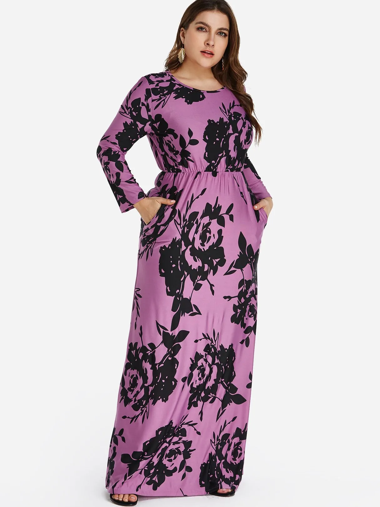 OEM ODM Round Neck Floral Print Long Sleeve Plus Size Dress