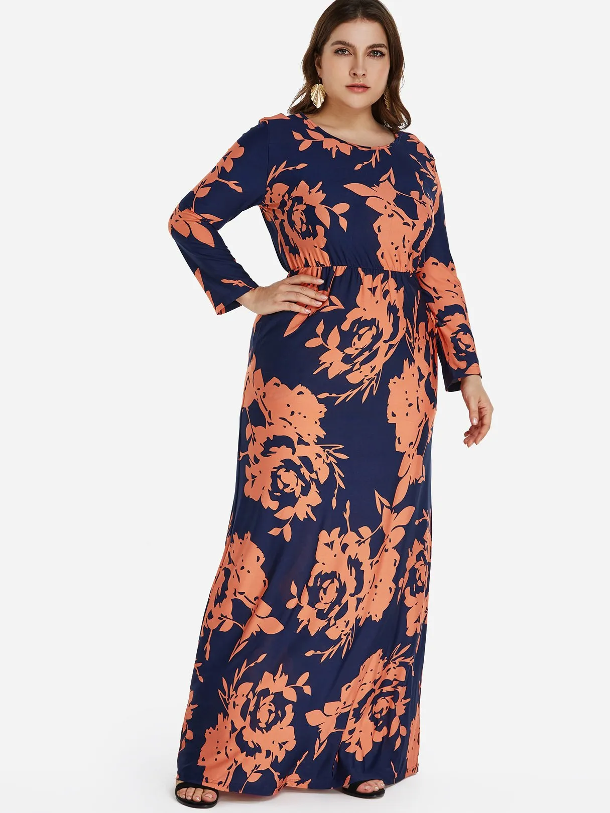 OEM ODM Round Neck Floral Print Long Sleeve Plus Size Dress