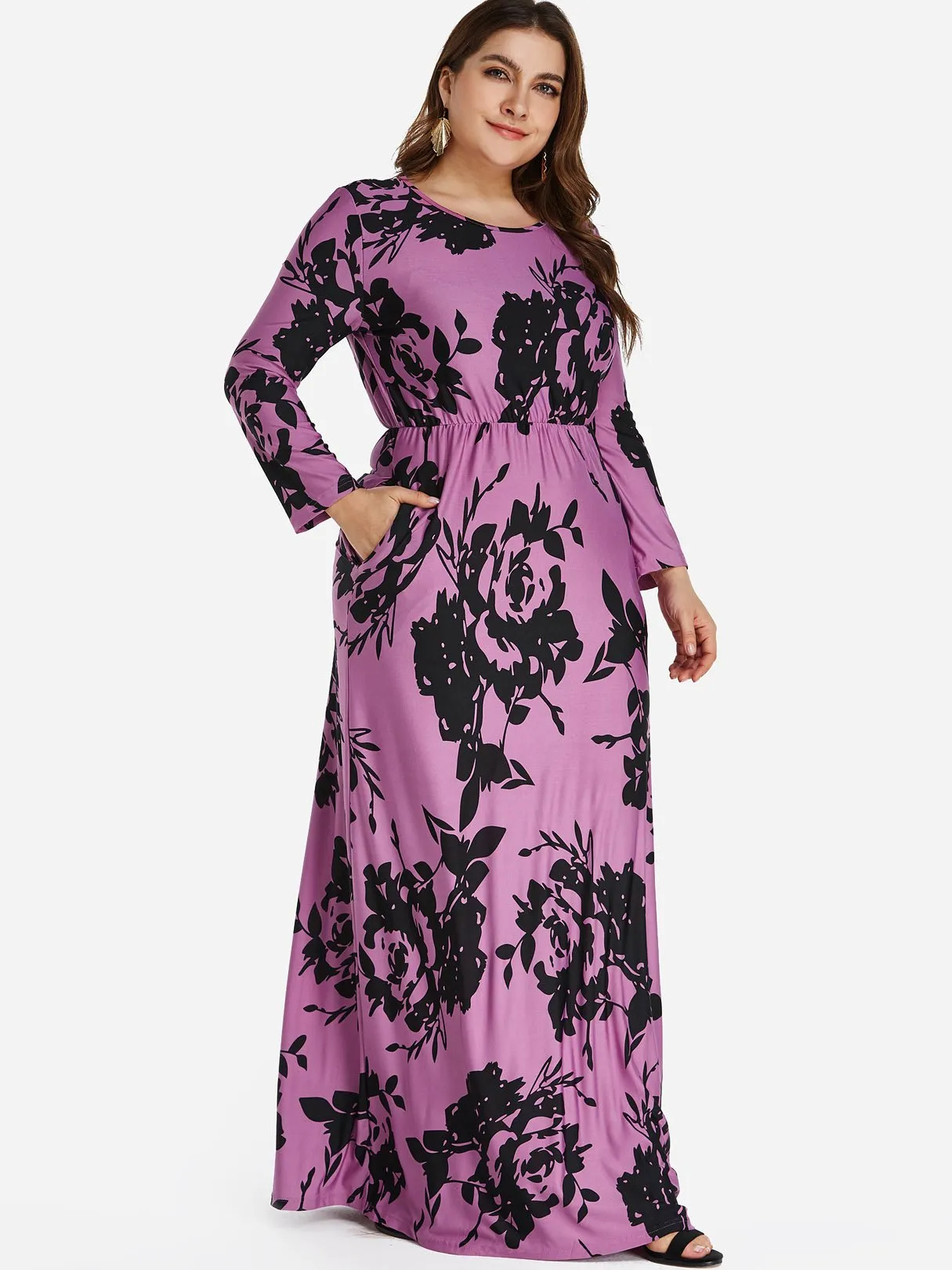 OEM ODM Round Neck Floral Print Long Sleeve Plus Size Dress