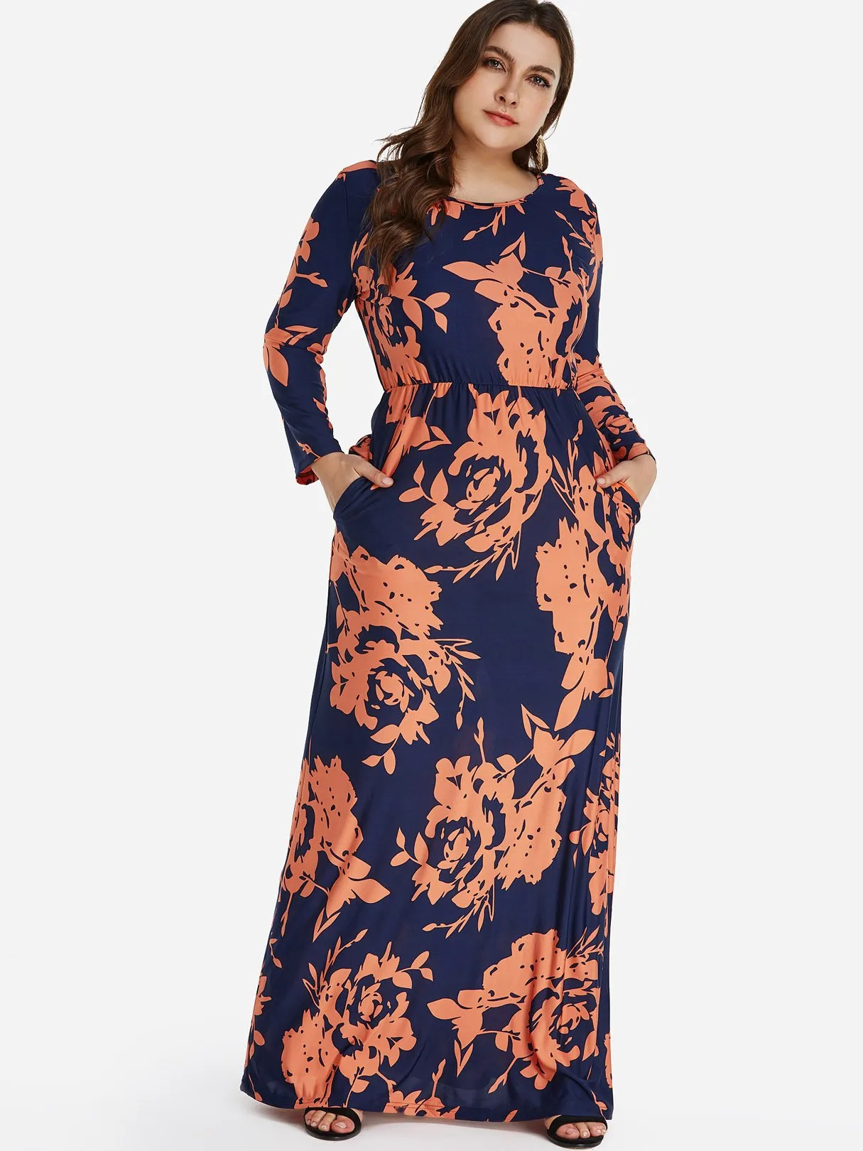 OEM ODM Round Neck Floral Print Long Sleeve Plus Size Dress